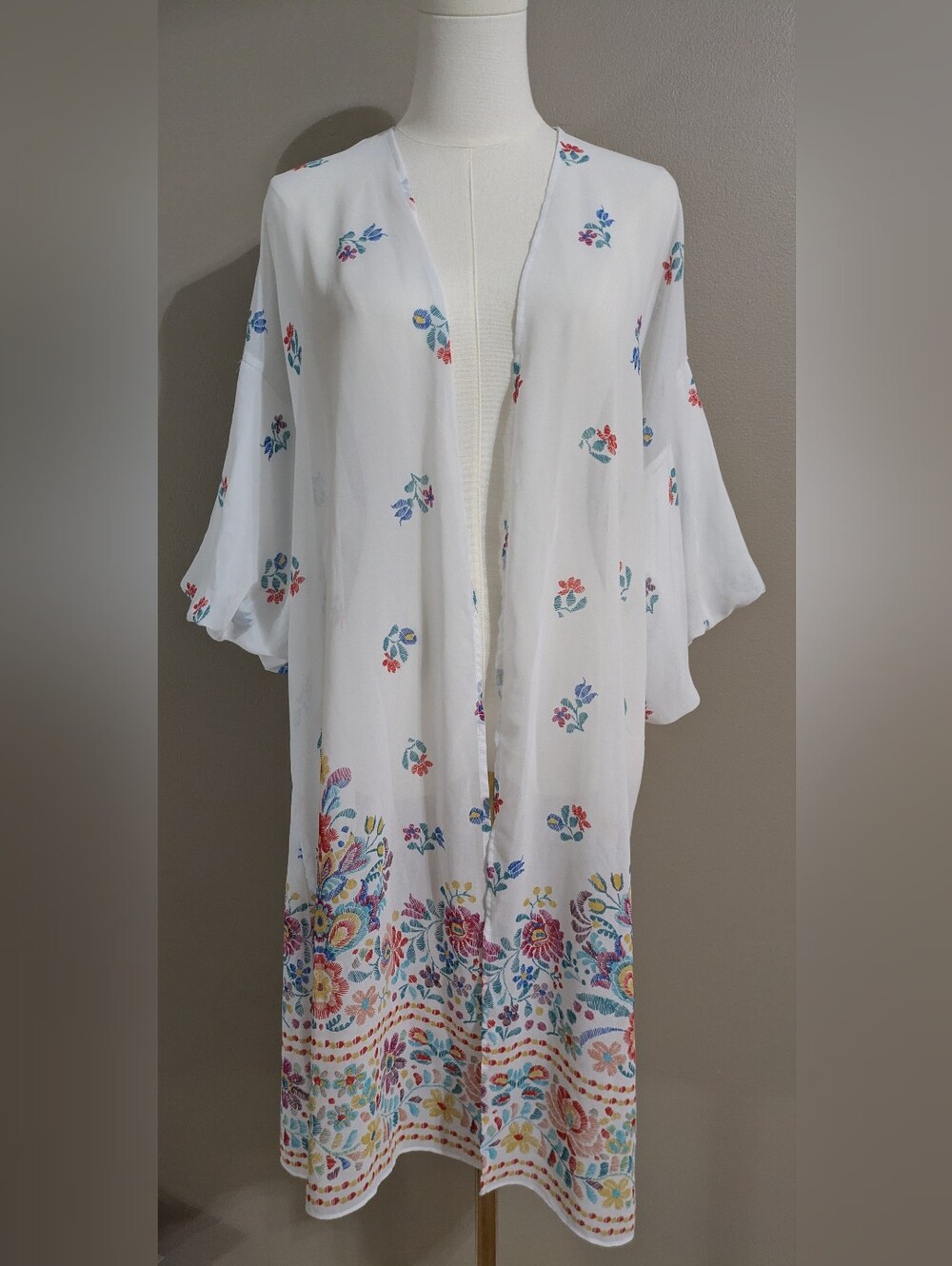 Cato White Floral Sheer Chiffon Open Front Short Sleeve Shaw Cardigan Large